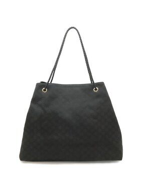 Gucci GG Nylon Tote Shoulder Bag Leather Black Gold